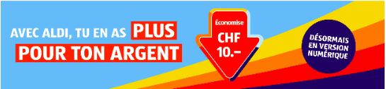 Bon Aldi de 10 CHF valable du 23 au 25.5.2024 à partir d’un montant d’achat de 70 CHF.