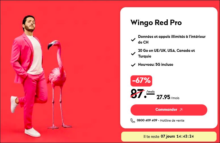 Wingo Red Pro (réseau Swisscom , tout illimité en Suisse + 20 Go d’itinérance EU/UK, USA, Canada, Turquie, avec 5G incluse)