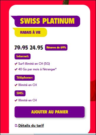 TalkTalk SWISS PLATINUM (Tout illimité en Suisse, 40 Go roaming) rabais à vie