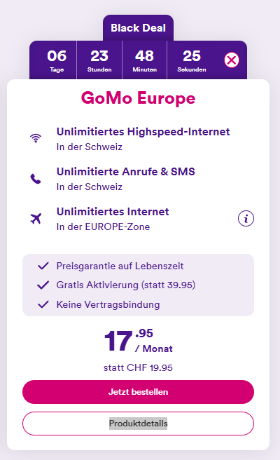 GoMo Europe (Suisse : forfait tout compris + itinérance illimitée dans l’UE, 20 Go de données haut débit, activation gratuite)