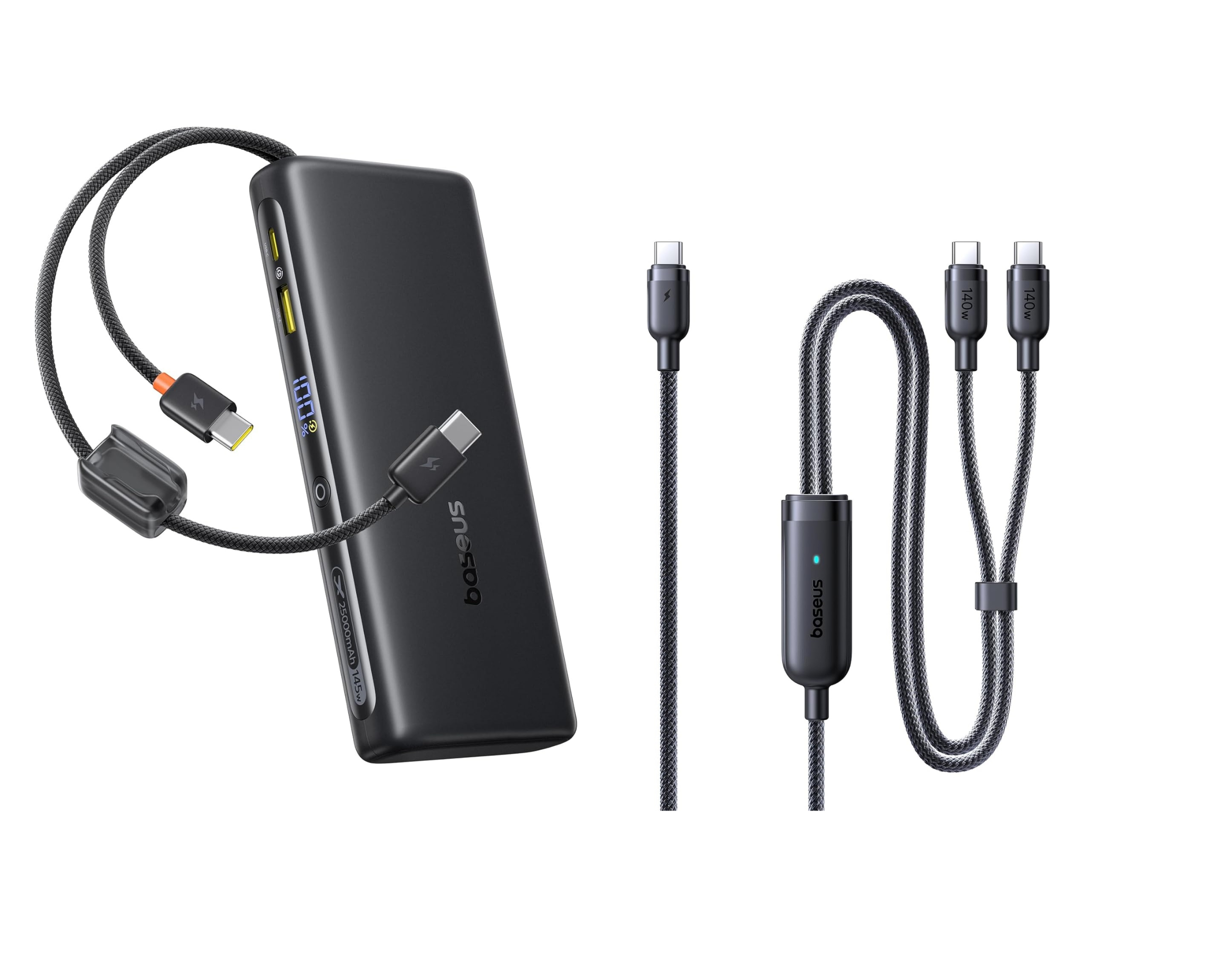 Powerbank Baseus FC41 145 W 25 000 mAh + Baseus USB-C 140 W max. 2-en-1, vendus ensemble sur Amazon