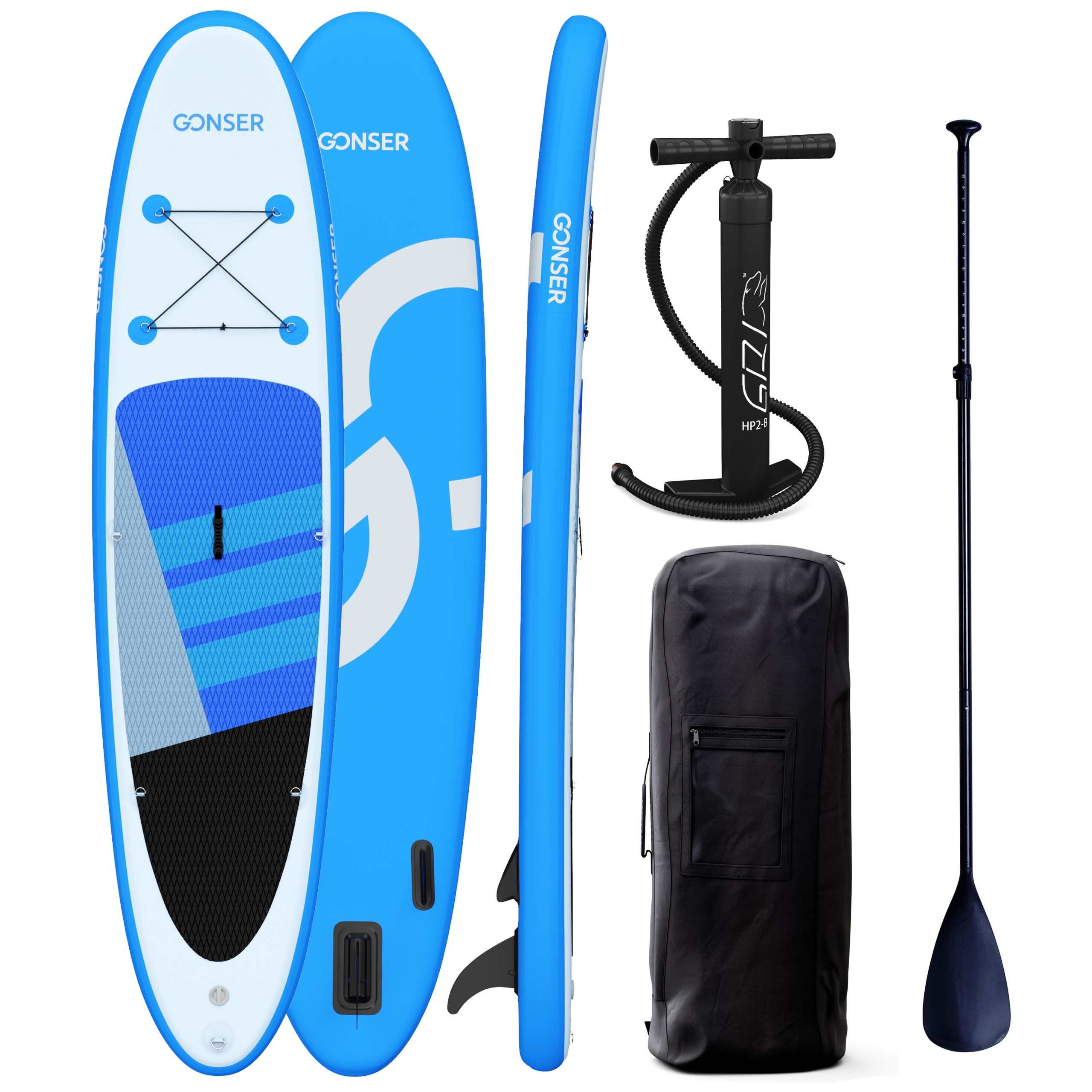 Planche de stand-up paddle de 320 cm avec pompe et sac, disponible chez Gonser en plusieurs couleurs