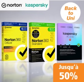 Offre promotionnelle exclusive : jusqu’à 50 % de réduction sur une sélection de logiciels de sécurité Norton et Kaspersky.