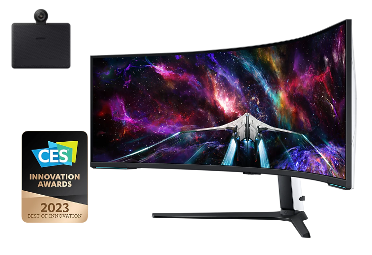 Samsung Odyssey NEO G9 G95NC (57″, DUHD, QD Mini-LED, 240 Hz, 1000 nits, hub USB) + Slim Fit Cam à un prix imbattable.