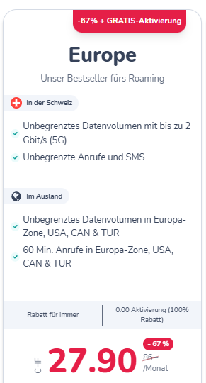 Yallo Europe Abo (Tout illimité en CH, Roaming UE/USA/Canada/Turquie, 60 Min. de téléphonie + Activation gratuite)