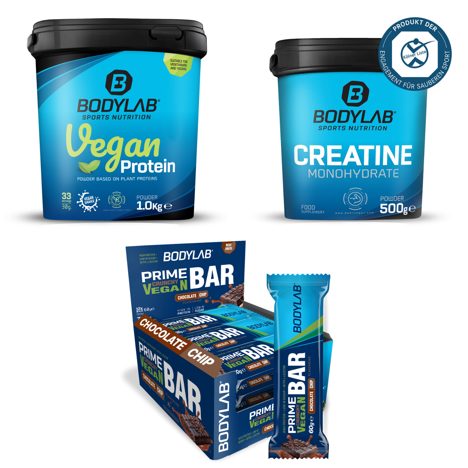 Bodylab : Pack Vegan avec 1kg de Protéine Végane, 500g de Créatine, 12x60g Prime Crunchy Barres Protéinées Véganes