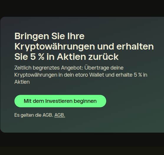 eToro Depot & Wallet avec 90 € de cashback (environ 85 CHF) et jusqu’à 2000 $ d’actions gratuites (environ 1650 CHF)
