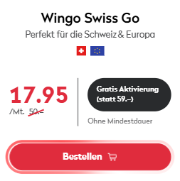 Wingo Swiss Go (réseau Swisscom, Suisse illimitée : appels et SMS, 10 Go + 1 Go en roaming UE/Royaume-Uni) + activation gratuite
