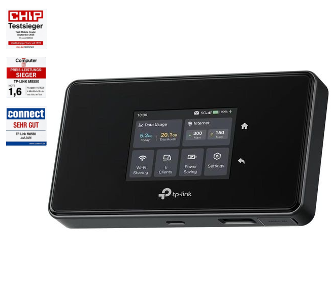 TP-Link M8550 : Routeur mobile 5G avec Wi-Fi 6E, jusqu’à 3,4 Gbit/s et LAN Gigabit – aujourd’hui seulement chez DayDeal