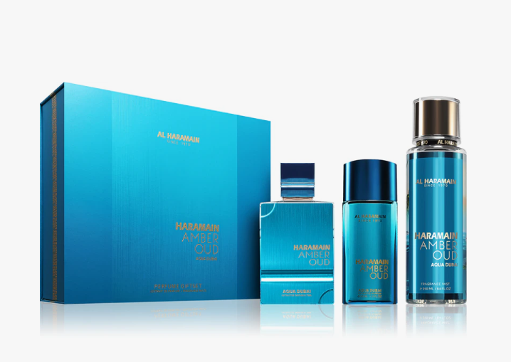AL HARAMAIN Amber Oud Aqua Dubai Eau de Parfum Spray 75 ml + Eau de Parfum 30 ml + Brume parfumée pour le corps 250 ml