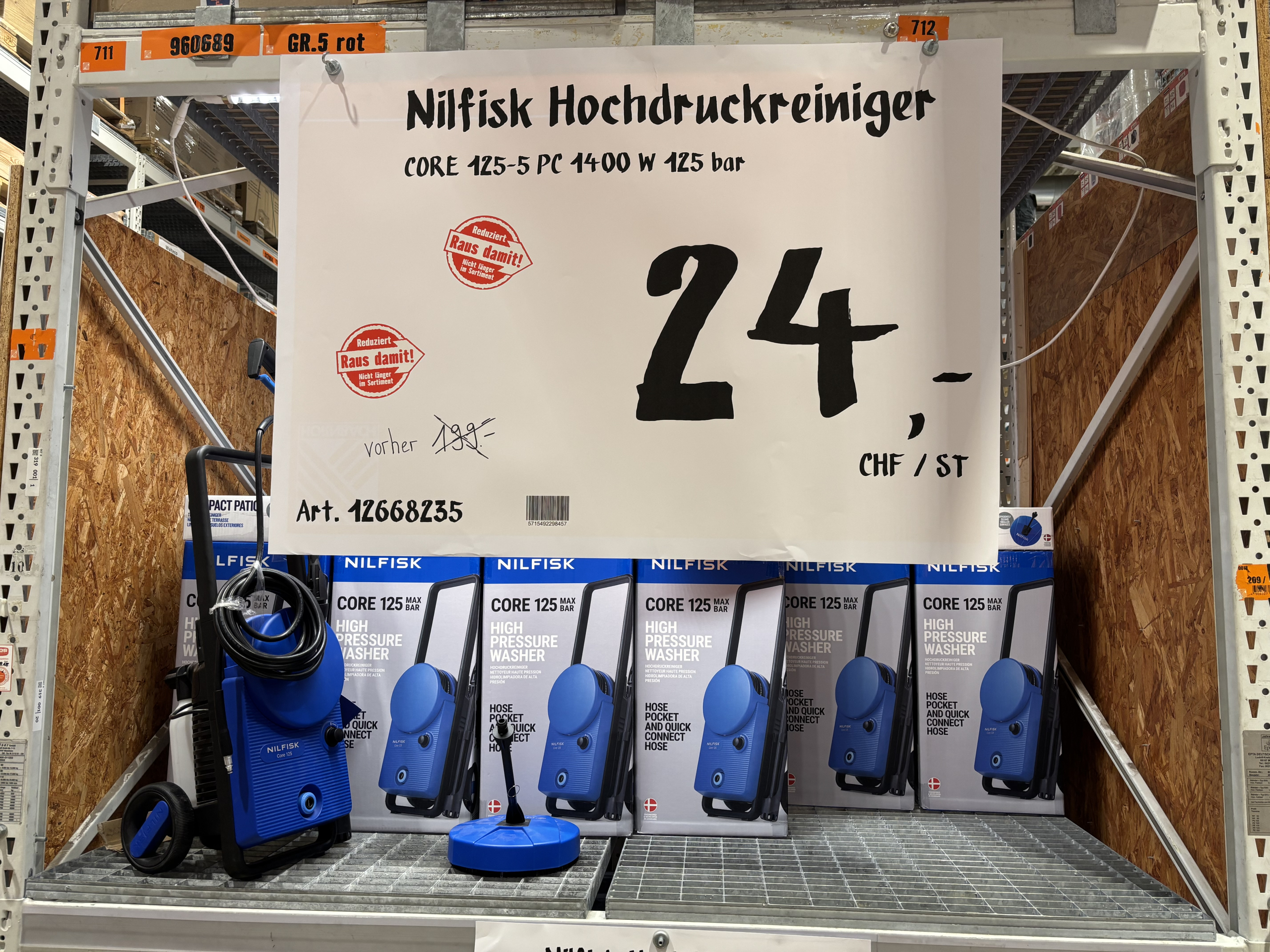 Le nettoyeur haute pression Nilfisk Core 125-5 (1400 W, 125 bar) est disponible uniquement en magasin chez Hornbach Littau, pas en ligne.