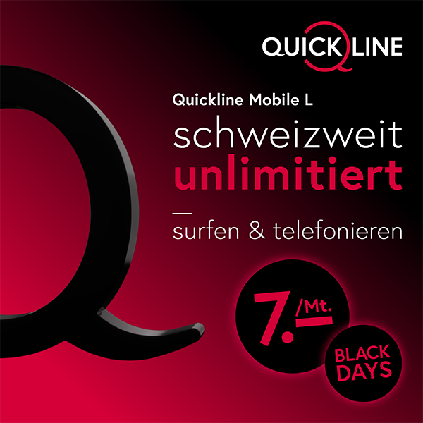 Quickline Mobile L : surfer et téléphoner en illimité dans toute la Suisse + 5 Go de roaming pour 7.-/mois