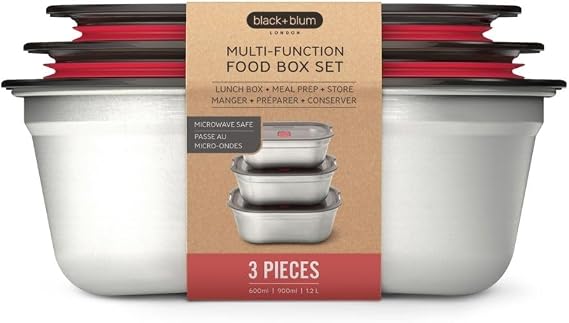 BLACK + BLUM Lot de 3 boîtes repas multifonctions en acier inoxydable avec couvercle sous vide sur Amazon