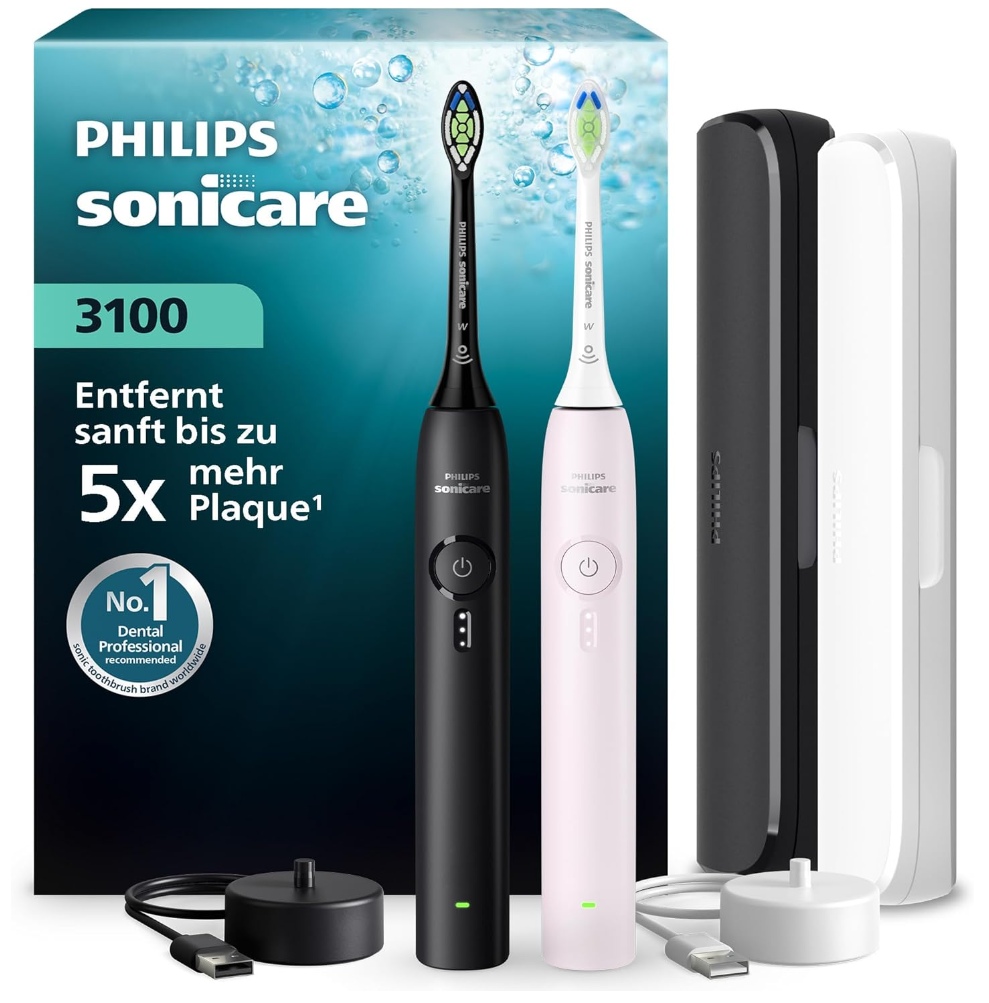 Brosses à dents électriques Philips Sonicare Série 3100, lot de 2 avec étui de voyage, disponibles sur Amazon (membres Prime).