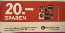 Bon de réduction Nettoshop de 20 CHF à partir d’un montant d’achat de 150  CHF et c’est valable jusqu’au 12.1.