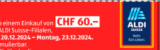 Bon Aldi de 10 CHF à partir d’un montant d’achat de 60 CHF – valable du 20 au 23.12.2024