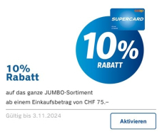 Bon de réduction Jumbo de 10% pour tout achat à partir de 75 francs jusqu’au 03.11.