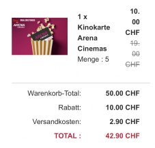 5 billets de cinéma pour Arena Cinemas à partir de 8,58 CHF, frais de port inclus par billet