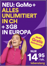 GoMo+ ( tout illimité en Suisse, y sont inclus 5G, 3 Go Roaming, à vie + Activation gratuite