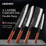 Ensemble de couteaux de cuisine 4 pièces avec lame martelée – Qualité Premium | HOCHO