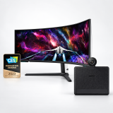 Samsung Odyssey NEO G9 G95NC (57″, DUHD, QD Mini-LED, 240 Hz, 1000 nits, hub USB) + Slim Fit Cam en action