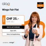 Souscrivez chez alao un abonnement Wingo Fair Flat pour 25 CHF au lieu de 55 CHF et économisez 58%