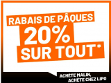 Rabais de Pâques : 20% de sur presque tout chez LIPO, p.ex. set de vaisselle 62 pcs, set de couverts 60 pcs. set de couverts, set de casseroles 10 pcs, VTT électrique et bien d’autres choses encore
