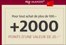 Bon Manor : 20 CHF ou 2000 points offerts à partir d’un montant d’achat de 100 francs, valable jusqu’au 15.2.2025 (Membre Manor)