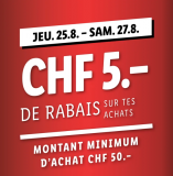 Lidl : 5 francs de rabais à partir d’un montant de commande minimal de 50 francs (uniquement du 25.08 au 27.08.)