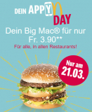 Aujourd’hui (21.3.2019) vous pouvez acheter le BigMac chez McDonalds pour seulement 3.90 CHF !