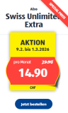 Aldi Mobile Swiss Unlimited Extra (tout illimité en CH + 5 Go en roaming dans l’UE, aux USA et au Canada + Activation CHF 1.–)