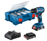Perceuse-visseuse sans fil Bosch GSR 18V-45 Professional, avec 2 batteries de 2,0 Ah, chargeur et ensemble d’accessoires de 82 pièces