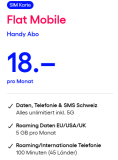 Forfait Mobile Plat (CH tout illimité, 5 Go Roaming UE/USA/RU, 100 min. d’appels vers l’étranger)
