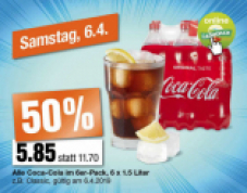 Aujourd’hui (6.4.2019) 50% de réduction sur tous les Coca Cola en pack de 6 (6 x 1,5l) chez Migros et LeShop + jusqu’à 33% de réduction supplémentaire avec la carte de fidélité Cumulus