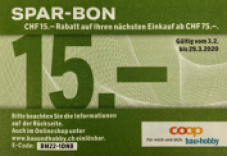 15 CHF de réduction à partir d’un achat de 75 CHF dans la boutique en ligne Coop Bau + Hobby