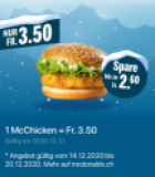 Cette semaine : 1 sandwich au poulet McChicken pour 3.50 CHF chez McDonalds (via McDonald’s. App)