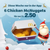 Cette semaine, 6 Chicken McNuggets pour 2,50 CHF chez McDonalds (exclusivement via McDonald’s. App)