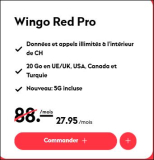 Wingo Red Pro (réseau Swisscom, illimité en Suisse – 20 Go en itinérance dans l’UE/au Royaume-Uni, aux États-Unis, au Canada et en Turquie + activation gratuite)