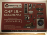 Bon Nettoshop avec une réduction de 15 CHF à partir d’un montant d’achat de 150 CHF valable jusqu’au 31.12.2024.