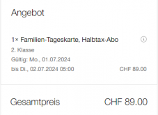 Carte journalière famille CFF pour 89 CHF (2 adultes à partir de 16 ans et jusqu’à 4 enfants, valable du 1 juillet jusqu’au 9 août)