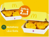 Offre 2 pour 1 chez Uber Eats pour des Chicken McNuggets en boîte de 9