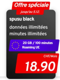 spusu black – Tout illimité en Suisse avec vitesse 5G + 20 Go & 100 min. de roaming dans l’UE/le Royaume-Uni